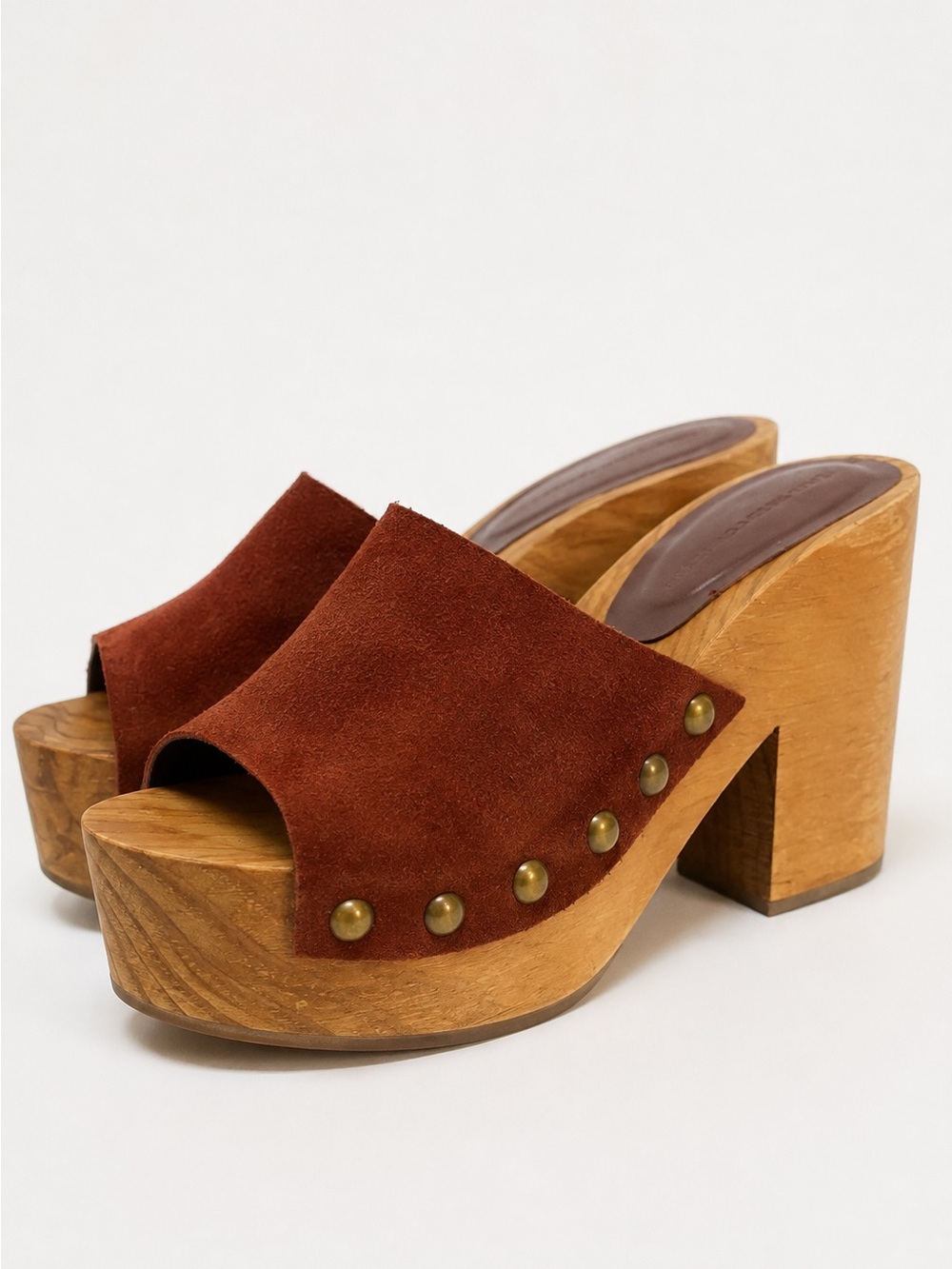 Zara Genuine Suede Wood Platform Clog Mules Studded Rust Brown Size 36 US 6